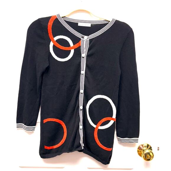 Lauren Hansen Sweater, Lightweight Black Cardigan, Red White Circles, Size S - Picture 1 of 3